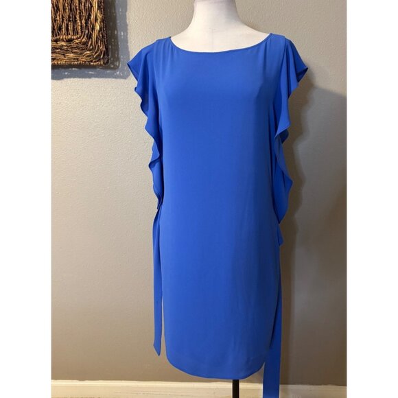 Michael KORS Dress PM Petite Medium Tide Blue Flutter Sleeve Belted $125 - Picture 10 of 14